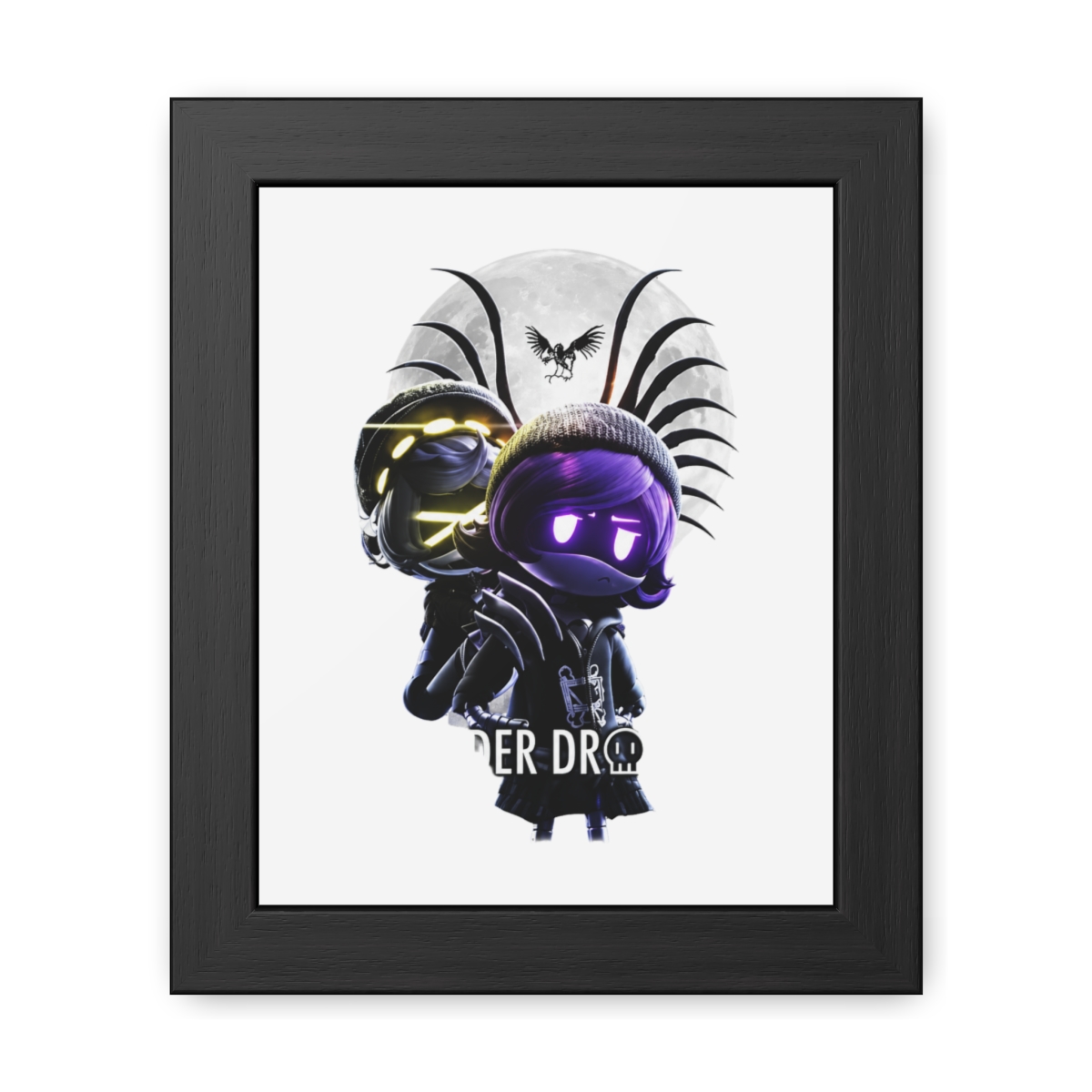 A framed poster with the title "MURDER DRONES." The artwork depicts a character with purple hair and glowing eyes, set against a moonlit backdrop. The poster is framed in black and is displayed on a...