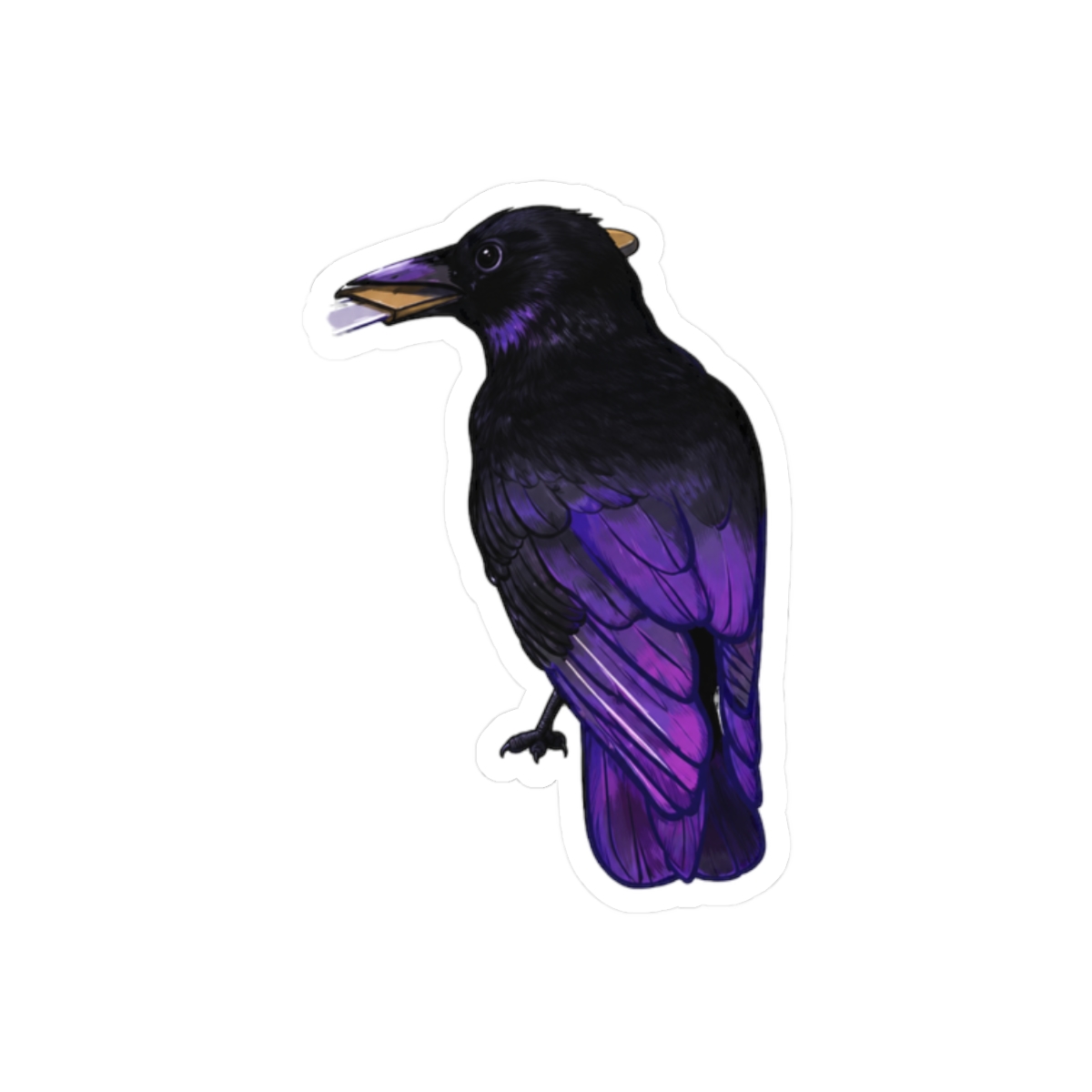 A sticker featuring a purple and black crow holding a silver knife in its beak. The crow is perched on a white background with a blue circle that says "murder*" and "*affectionate" in blue text - alternate angle 3, merchandise