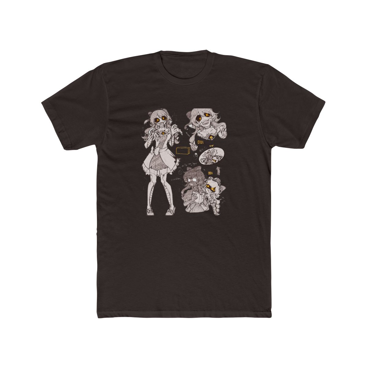 A black and white sketch featuring multiple illustrations of a character with a bow, dress, and stitched features. Text includes "HUH?!", "COMP", and "Why did Cyn wear Tessa?" along with other symbols... - alternate angle 2, merchandise