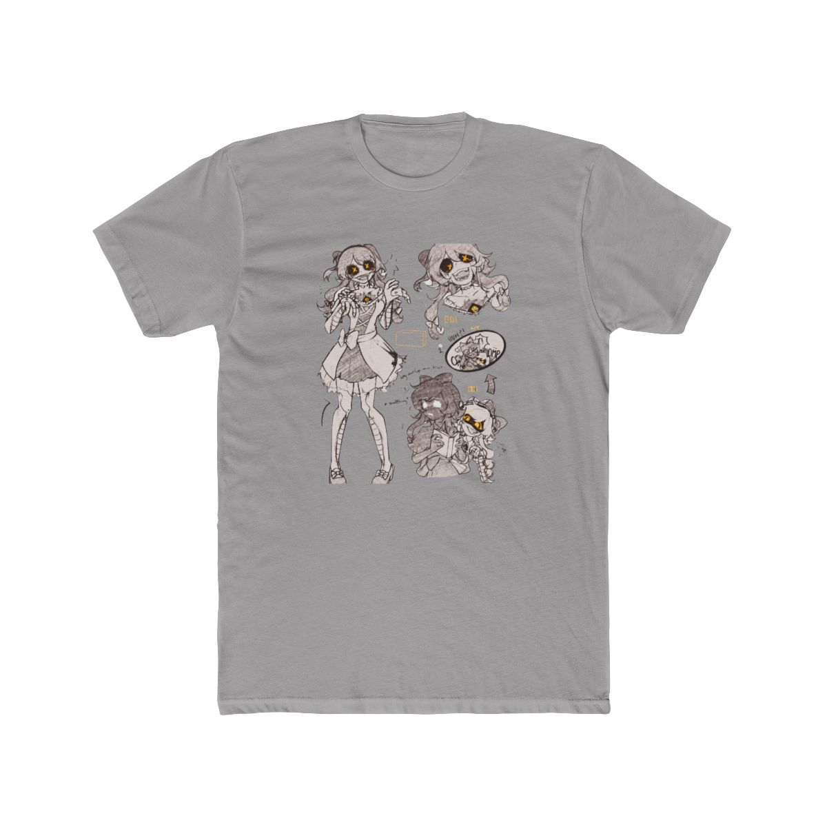 A black and white sketch featuring multiple illustrations of a character with a bow, dress, and stitched features. Text includes "HUH?!", "COMP", and "Why did Cyn wear Tessa?" along with other symbols... - Official T-Shirts merchandise