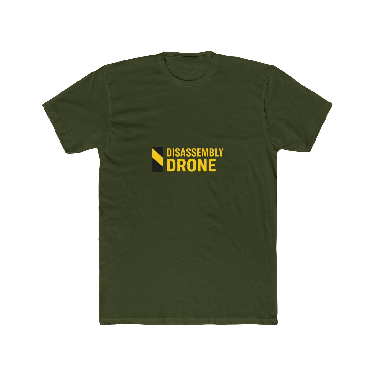 White T Shirt featuring the text "DISASSEMBLY DRONE" in yellow and black. The left sleeve has a black and yellow graphic. The shirt is made of a soft material - alternate angle 5, merchandise