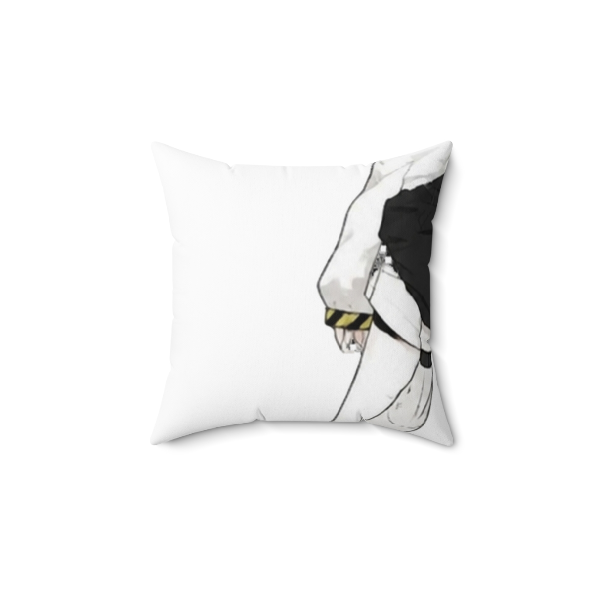 A long, rectangular body pillow featuring a cartoon character in a black and white outfit with yellow accents. The has a white background and is being held up by a person