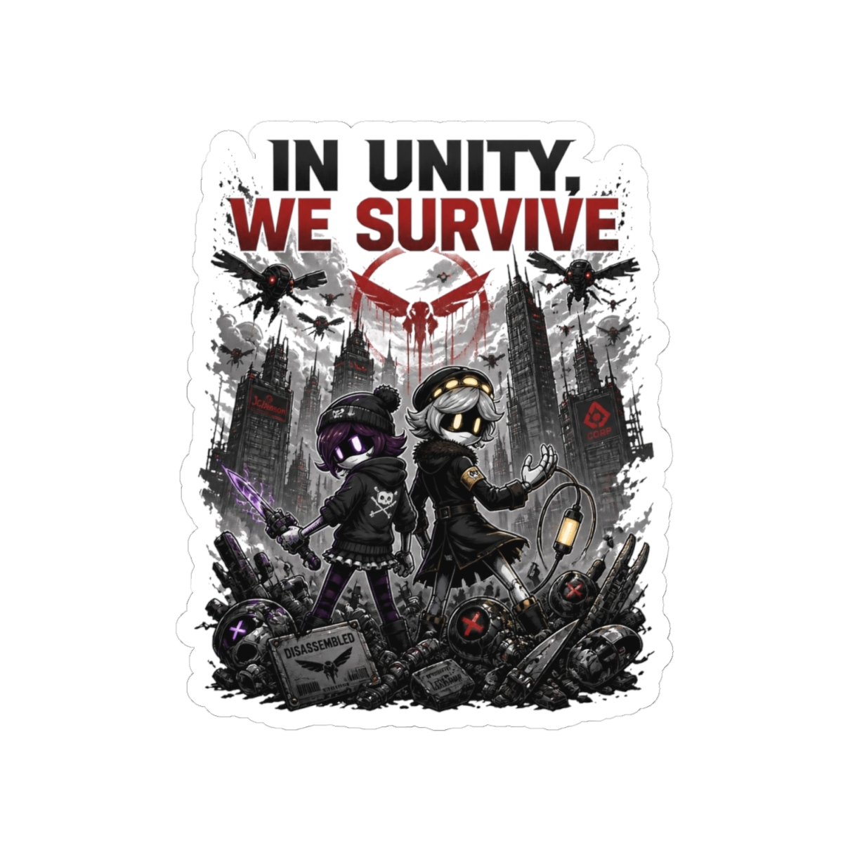 Murder Drones "In Unity, We Survive" Sticker - alternate angle 2, merchandise