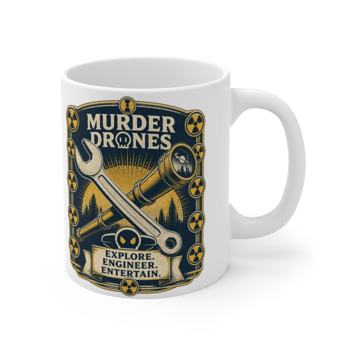 Murder Drones "Explore. Engineer. Entertain." White Mug